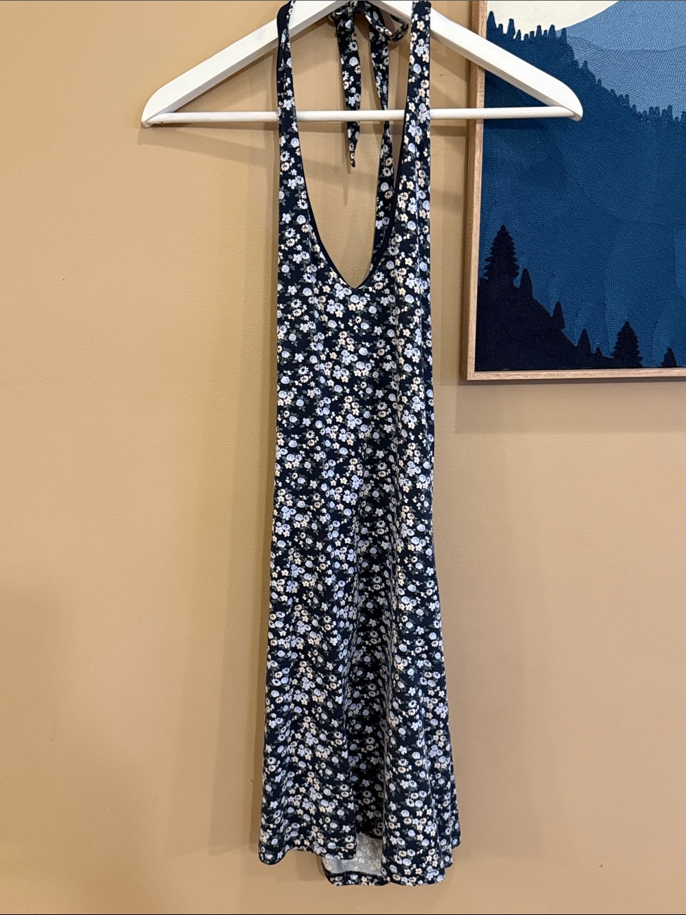 Hollister XS like new Floral Halter longish mini Dress - Navy and White print